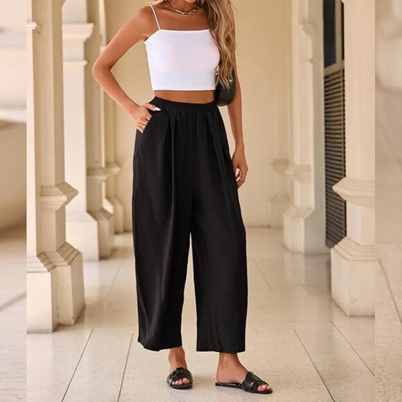 Linen Capri Pants | Cropped Wide Leg Summer Trousers with Pockets - Picture 2 of 8